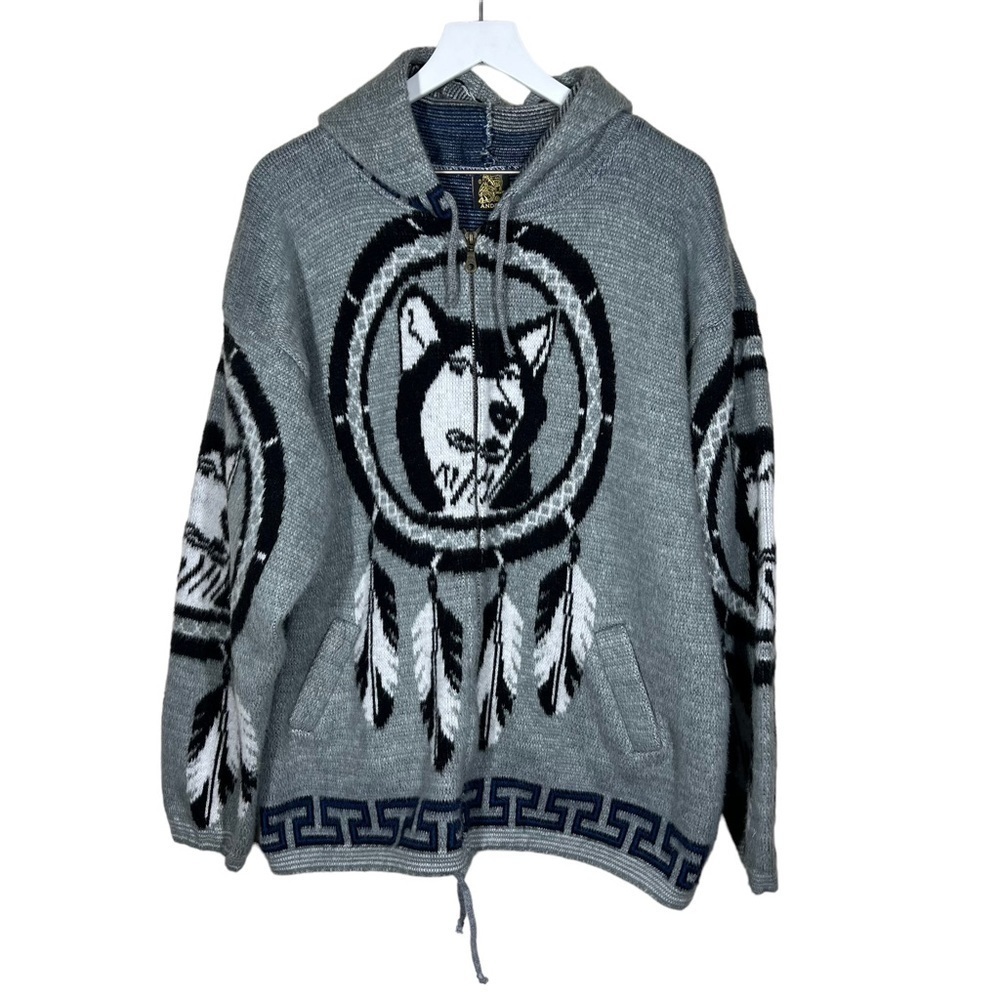 Vintage Andes Wolf Dream Catcher Gray Full Zip Hooded Sweater Size XL Pockets